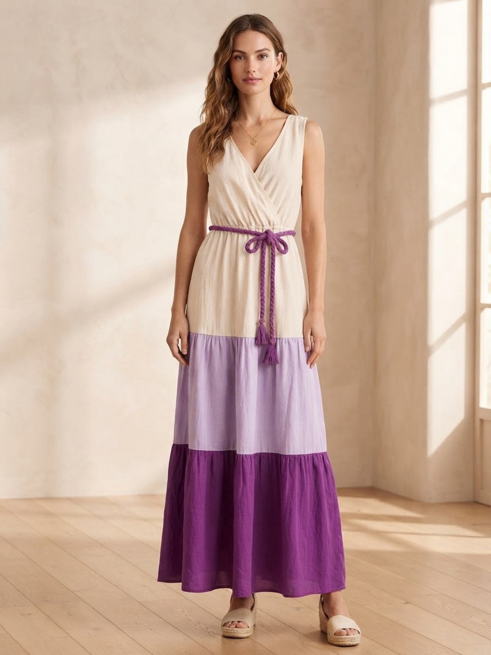 Flying Tomato Colorblock Tiered Maxi Dress Small Purple Boho Chic